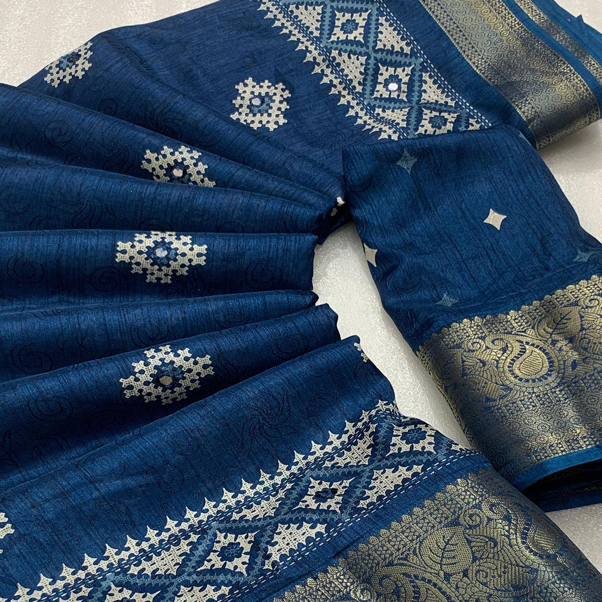 Blue Printed With Mirror Work Crepe Saree With Tassels