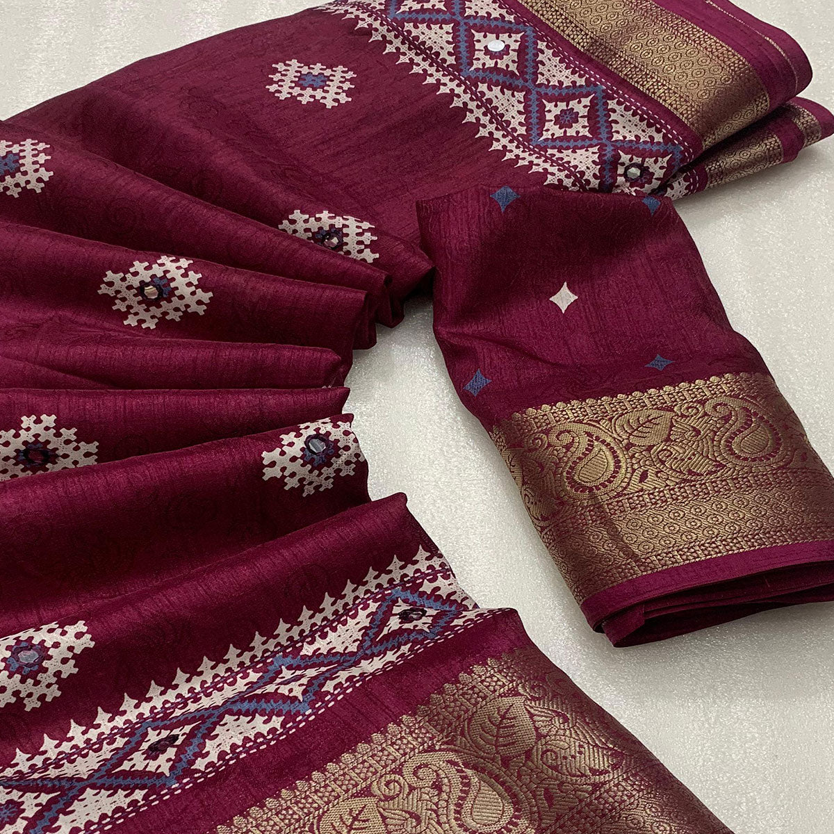 Burgundy Printed With Mirror Work Crepe Saree With Tassels