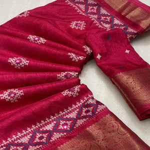 Pink Printed With Mirror Work Crepe Saree With Tassels