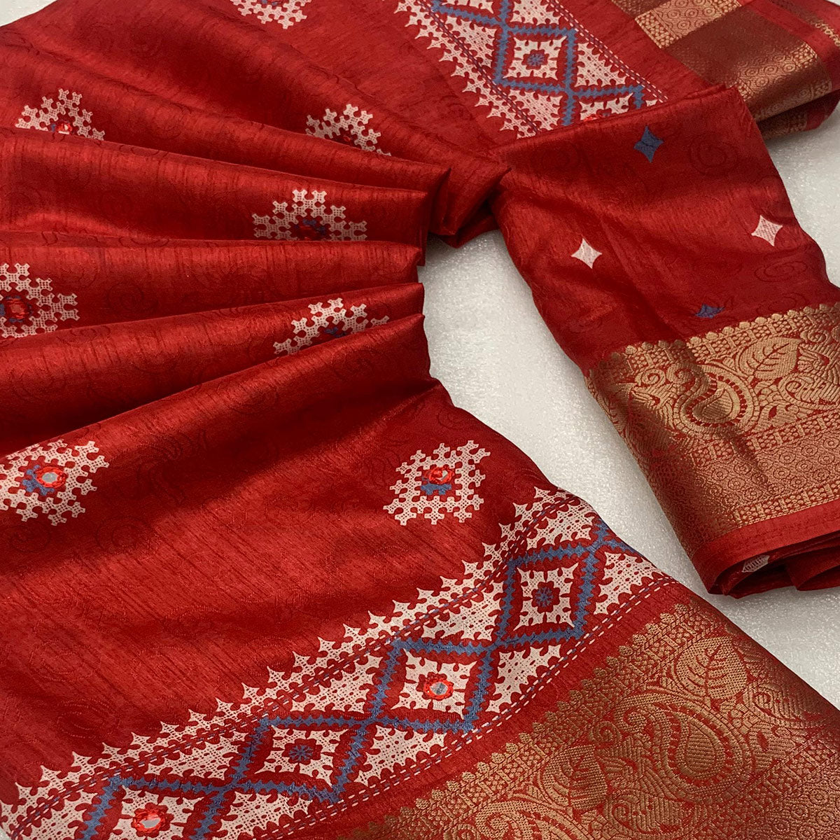 Red Printed With Mirror Work Crepe Saree With Tassels