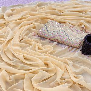 Beige Solid Georgette Saree