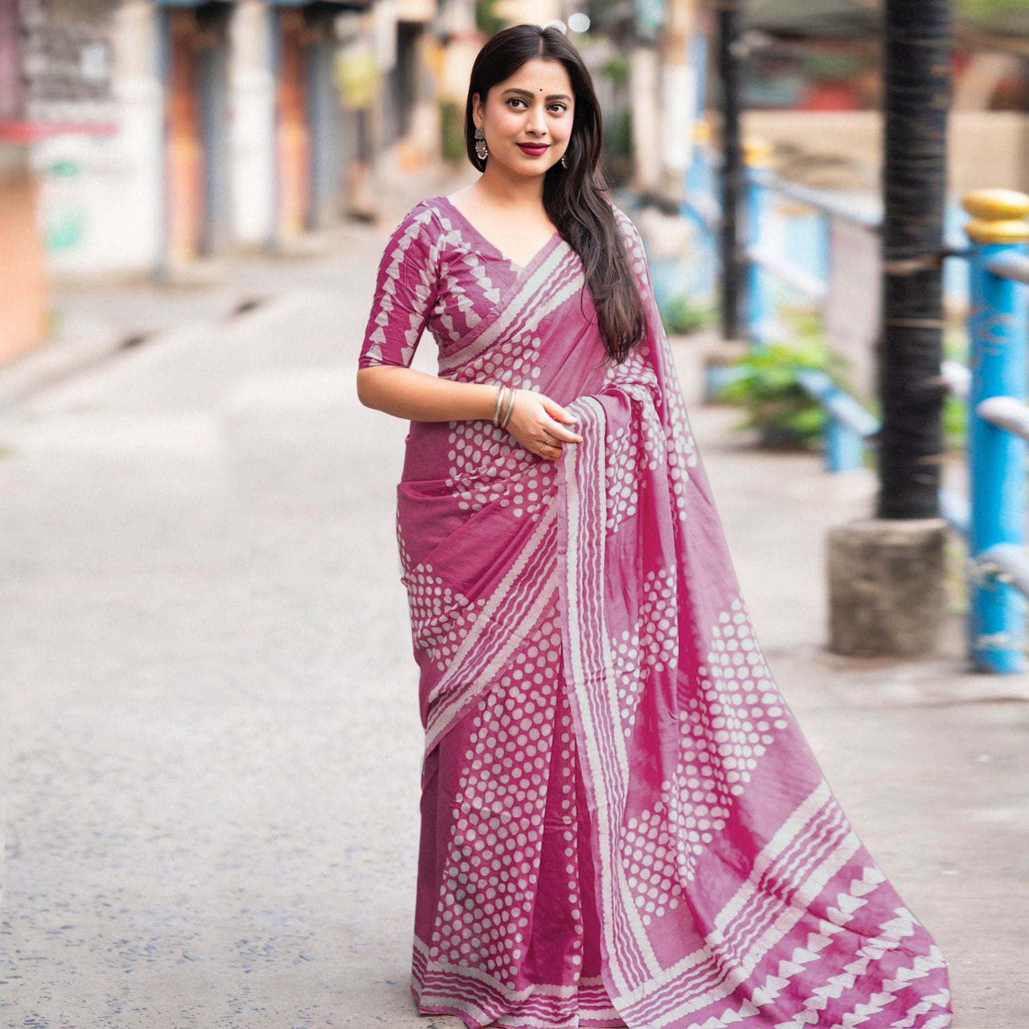 Pink Printed Chanderi Saree With Tassels