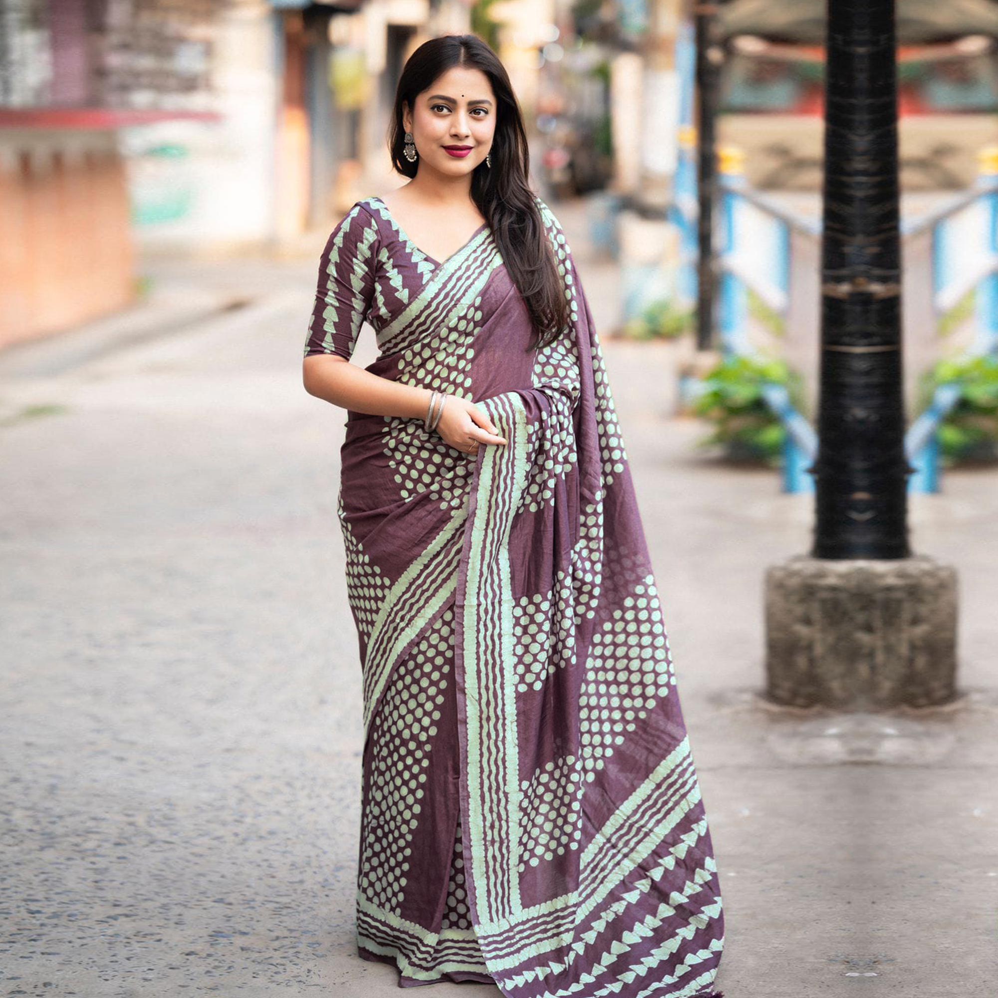 Purple Printed Chanderi Saree With Tassels