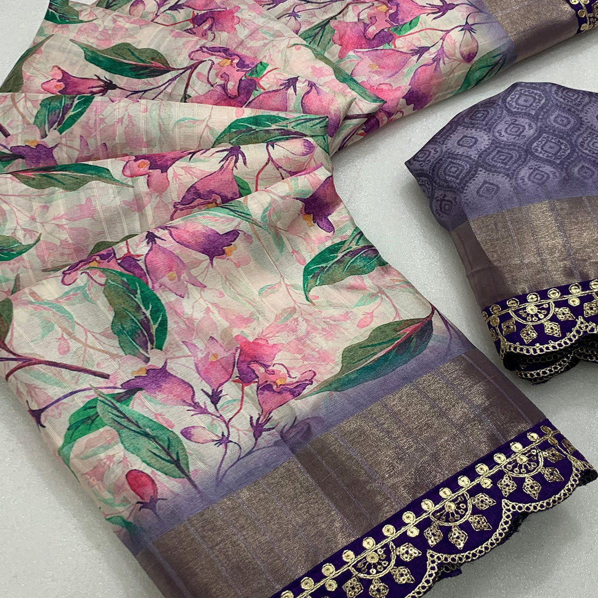 Cream & Violet Floral Digital Printed Tussar Silk Saree With Sequins Embroidered Border