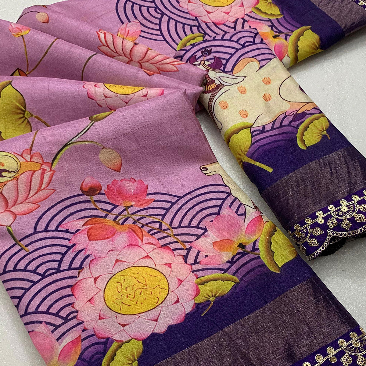 Light Lavender Floral Digital Printed Tussar Silk Saree With Sequins Embroidered Border