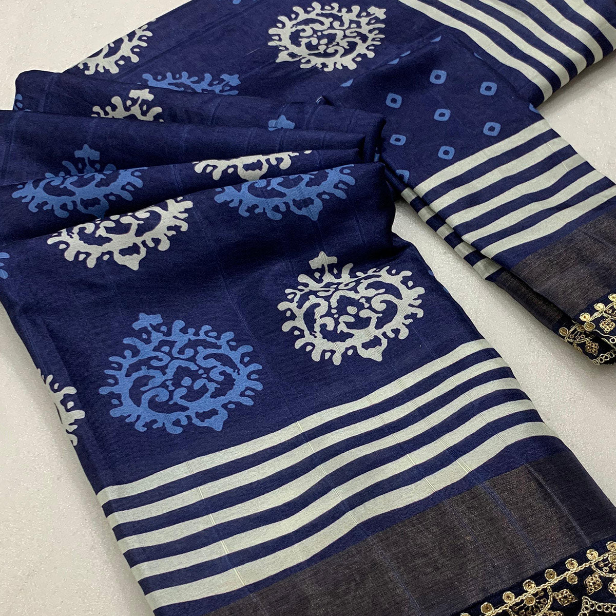 Navy Blue Floral Digital Printed Tussar Silk Saree With Sequins Embroidered Border