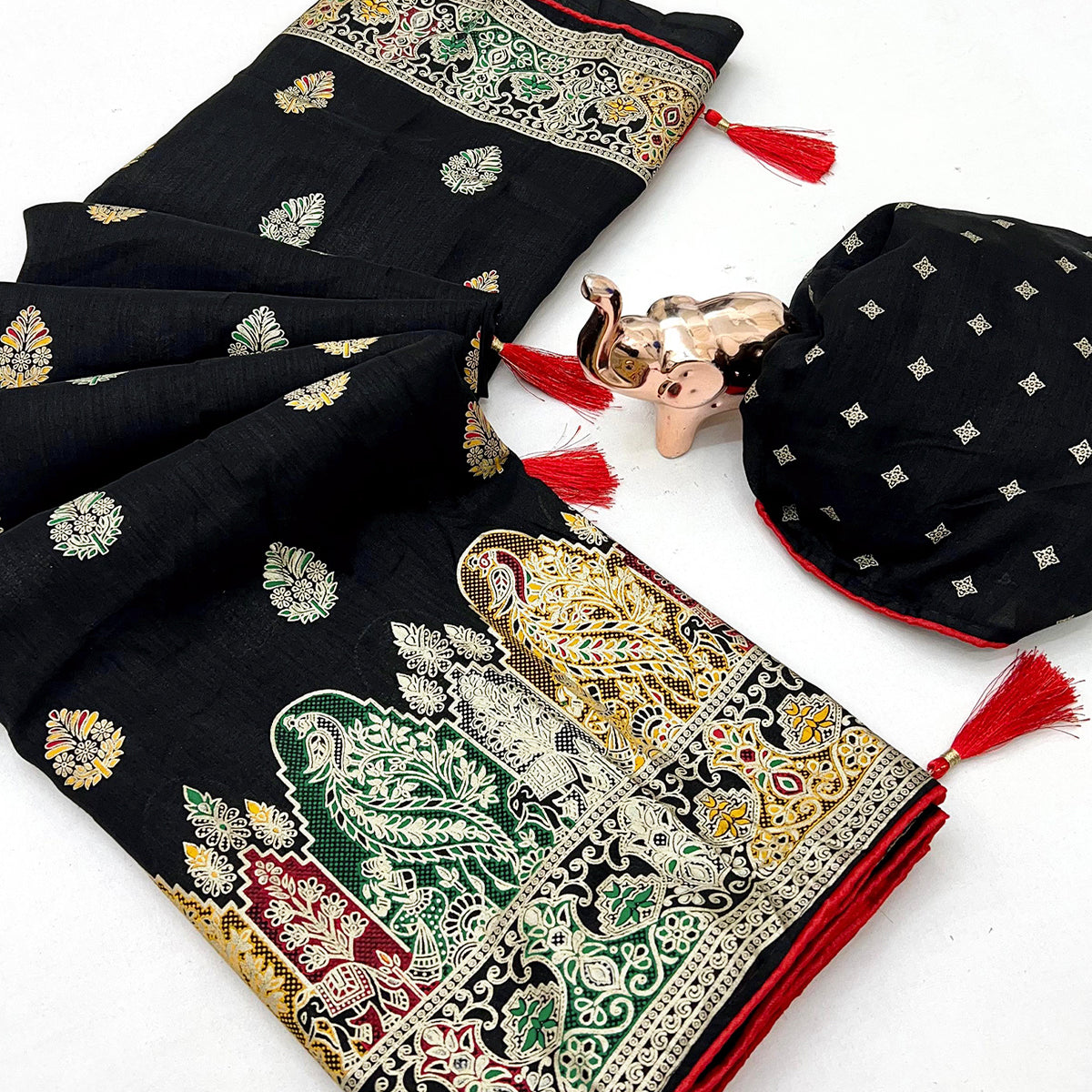 Black Luxury Pure Silk Saree Crafted With Floral Meenakari Foil Print & Trendy Tassel Pallu