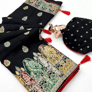 Black Luxury Pure Silk Saree Crafted With Floral Meenakari Foil Print & Trendy Tassel Pallu
