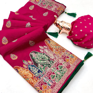 Pink Luxury Pure Silk Saree Crafted With Floral Meenakari Foil Print & Trendy Tassel Pallu