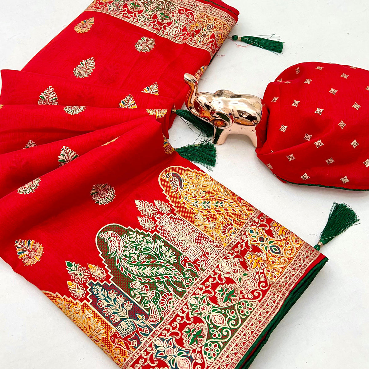 Red Luxury Pure Silk Saree Crafted With Floral Meenakari Foil Print & Trendy Tassel Pallu