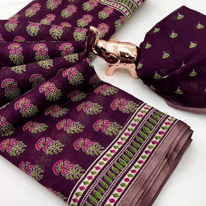 Wine Floral Printed Cotton Blend Saree With Zari Weaving Border