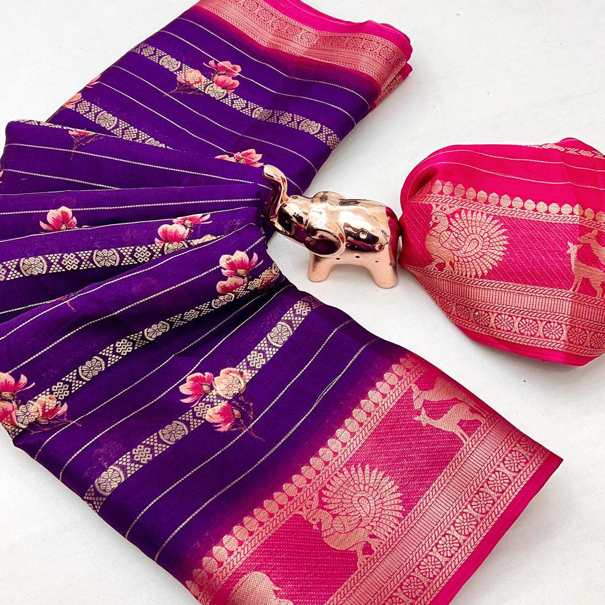 Purple Floral Weaving Mysore Silk Saree With Peacock Printed Pallu & Two Tone Padding Border