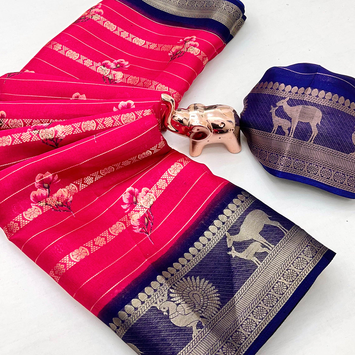 Rani Pink Floral Weaving Mysore Silk Saree With Peacock Printed Pallu & Two Tone Padding Border
