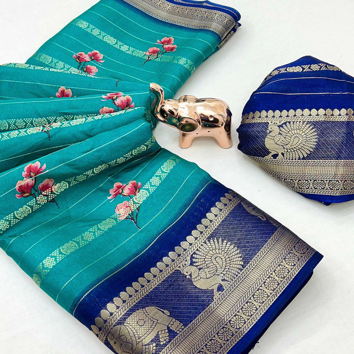 Turquoise Floral Weaving Mysore Silk Saree With Peacock Printed Pallu & Two Tone Padding Border