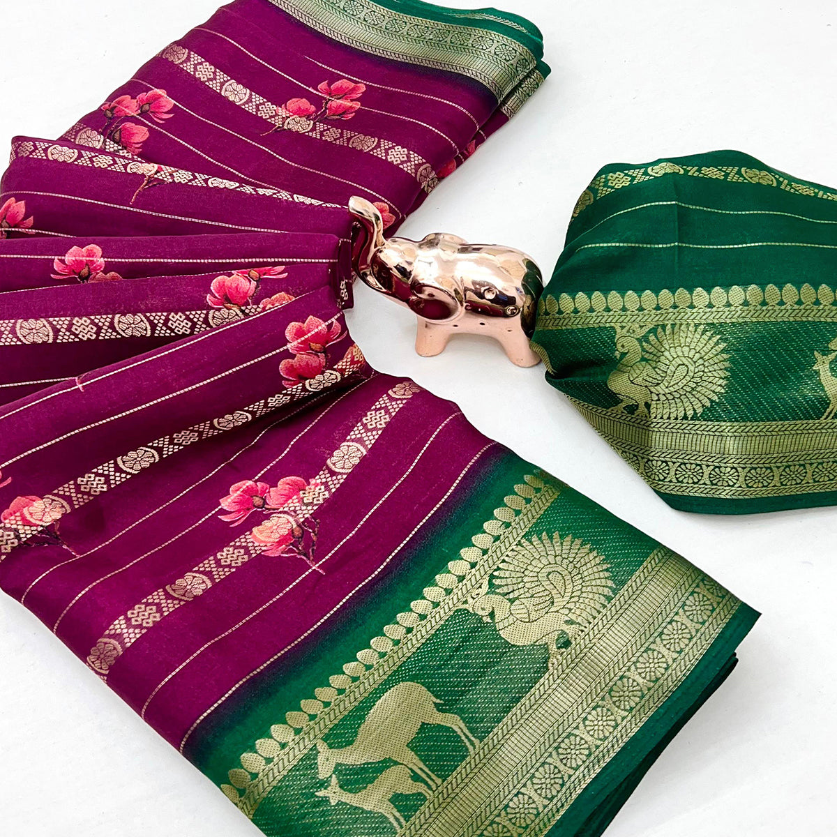 Wine Floral Weaving Mysore Silk Saree With Peacock Printed Pallu & Two Tone Padding Border