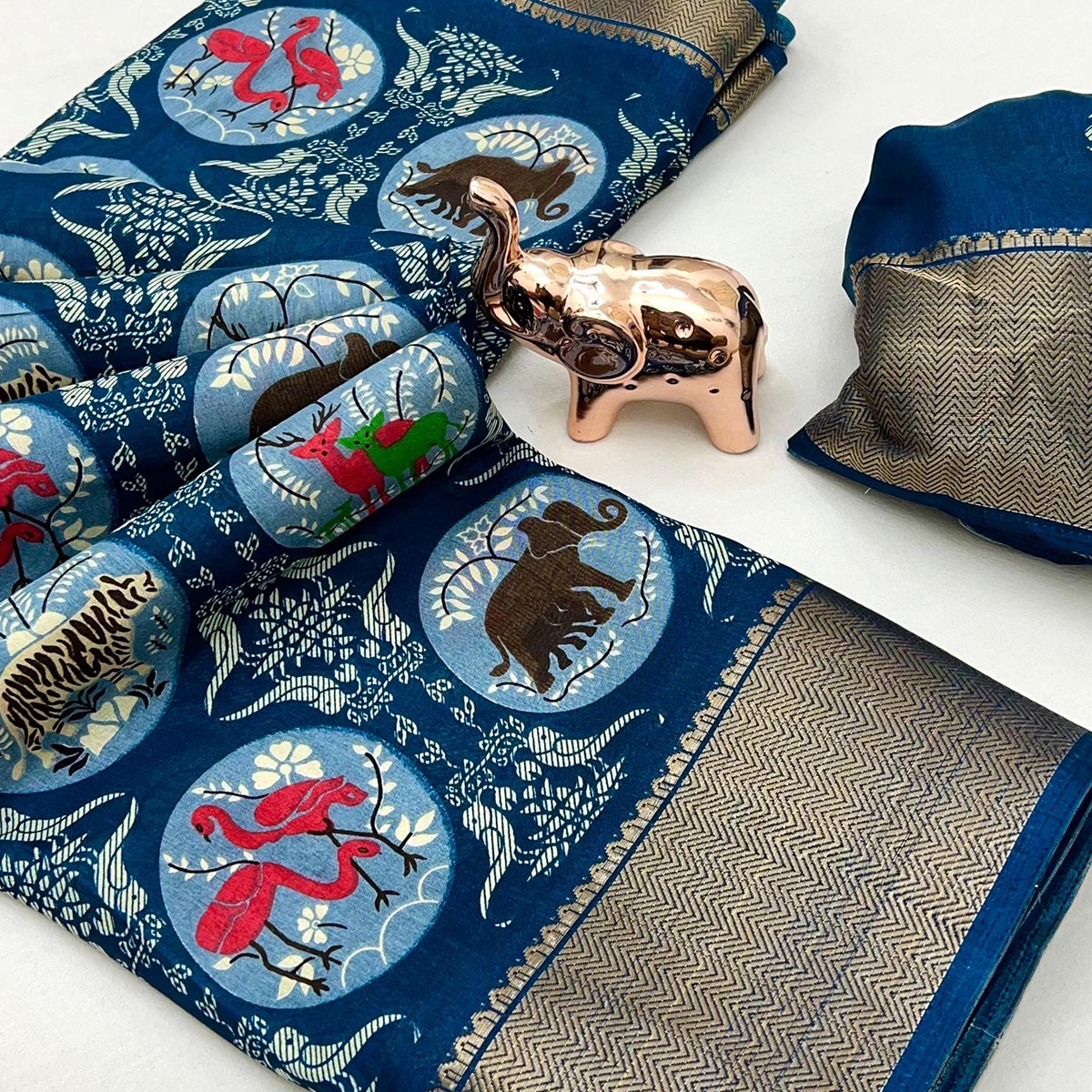 Blue Printed Dola Silk Saree With Zari Woven Border