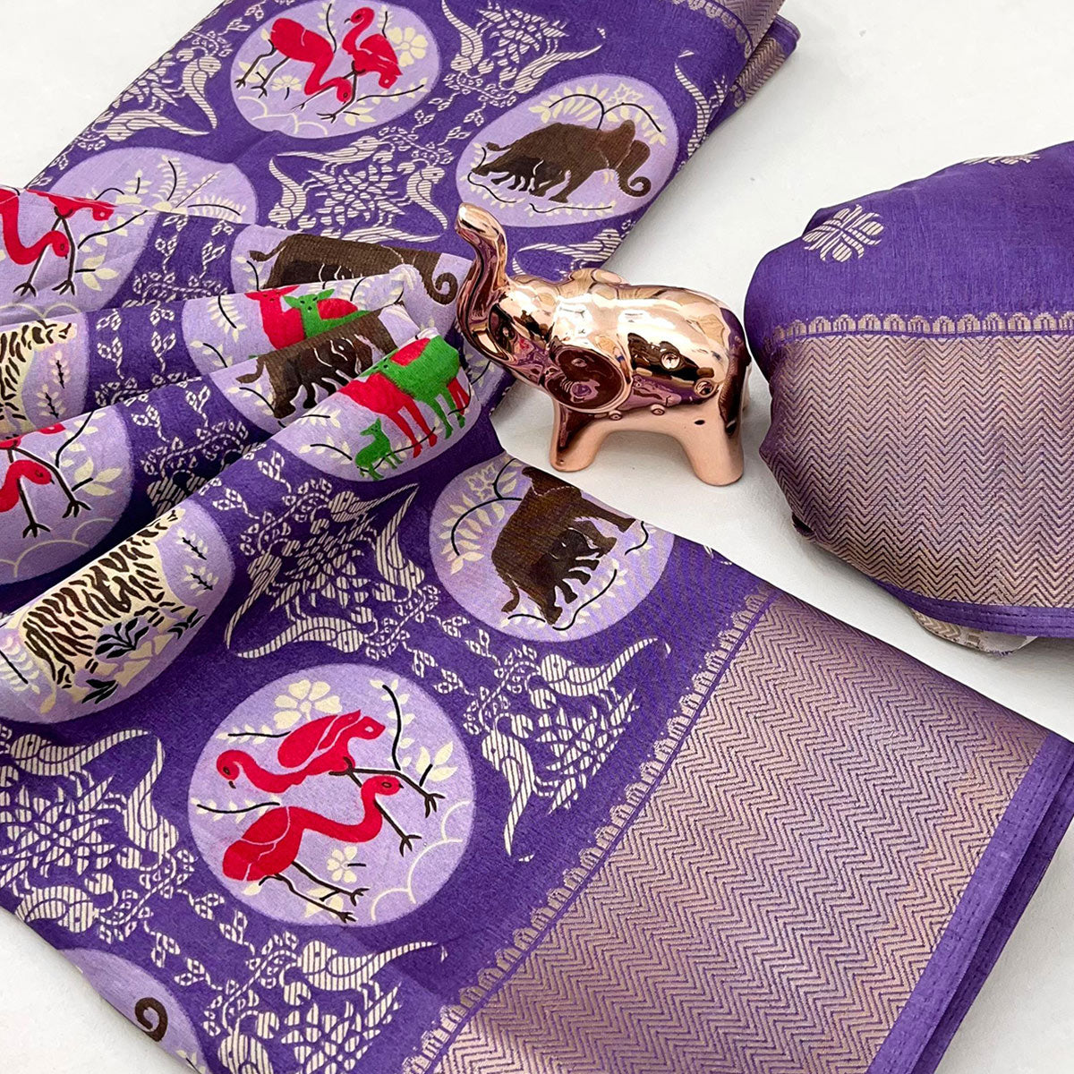 Purple Printed Dola Silk Saree With Zari Woven Border