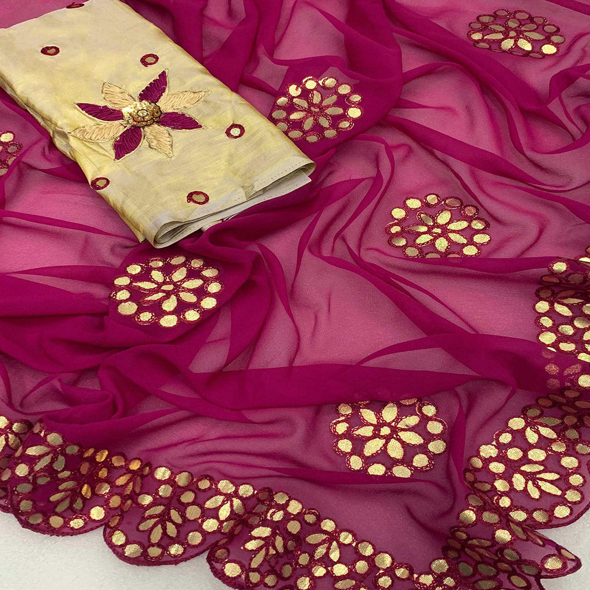 Magenta Embroidered Georgette Saree With Gota Patti Work