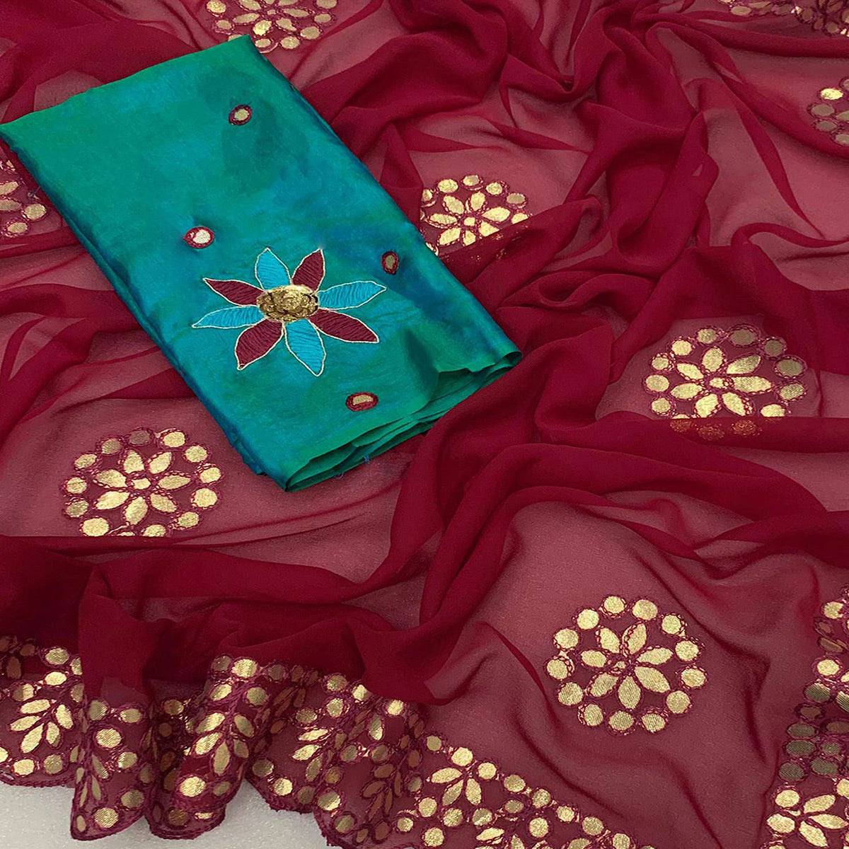 Maroon Embroidered Georgette Saree With Gota Patti Work