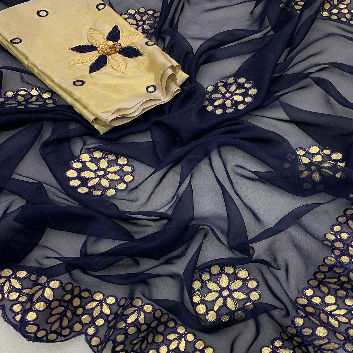 Navy Blue Embroidered Georgette Saree With Gota Patti Work