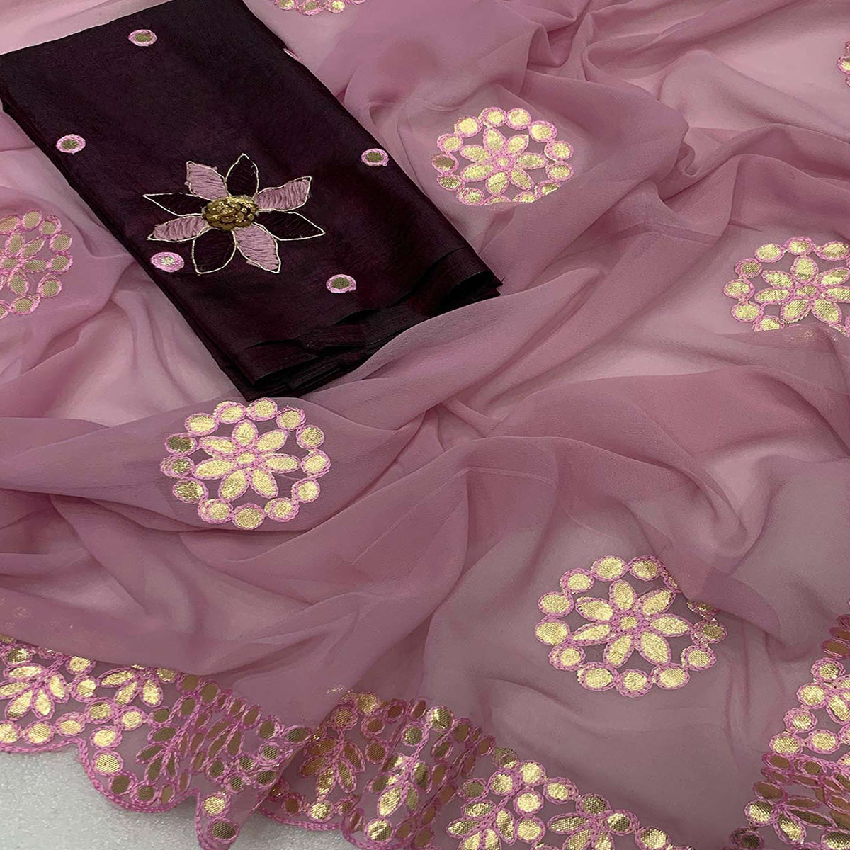 Pink Embroidered Georgette Saree With Gota Patti Work