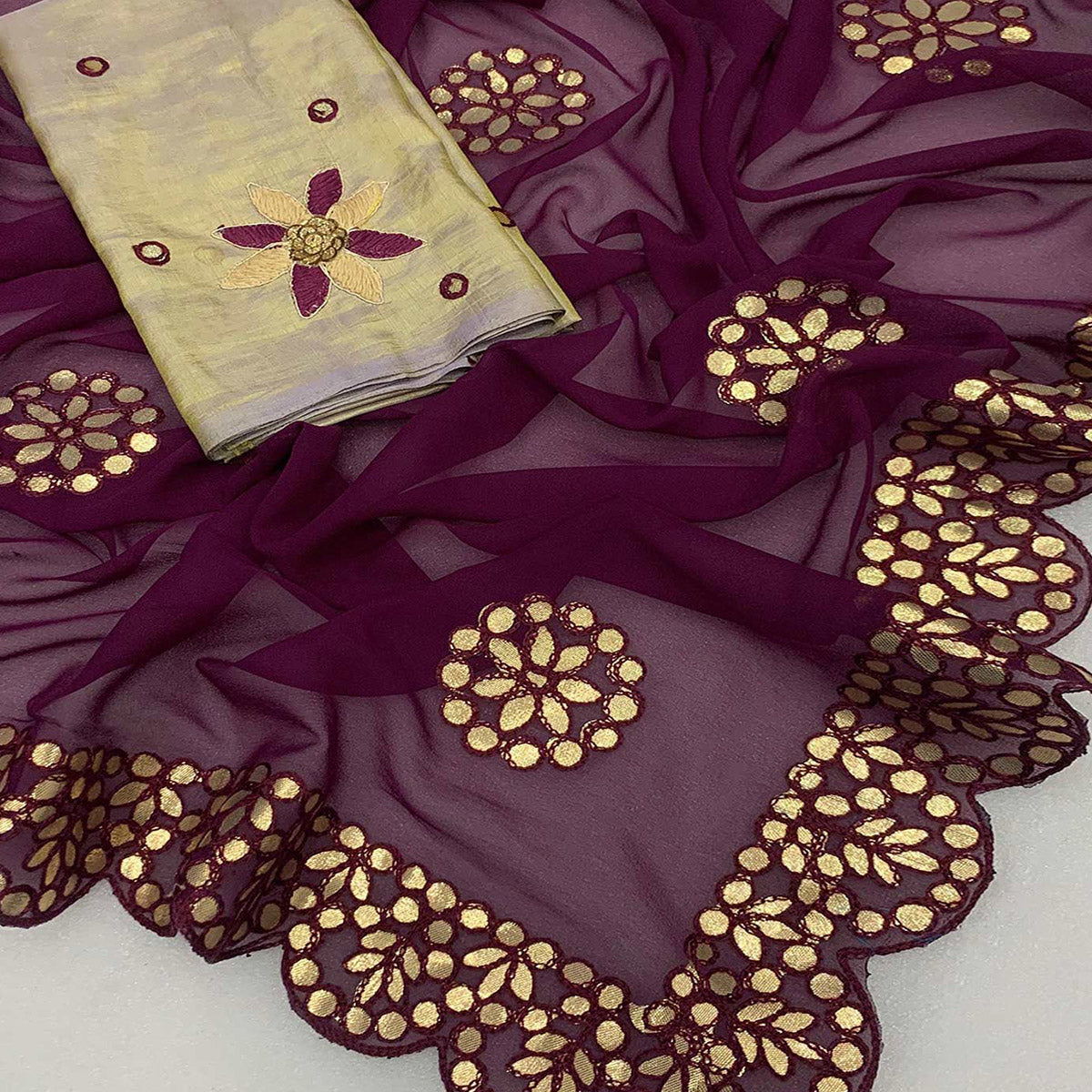 Wine Embroidered Georgette Saree With Gota Patti Work