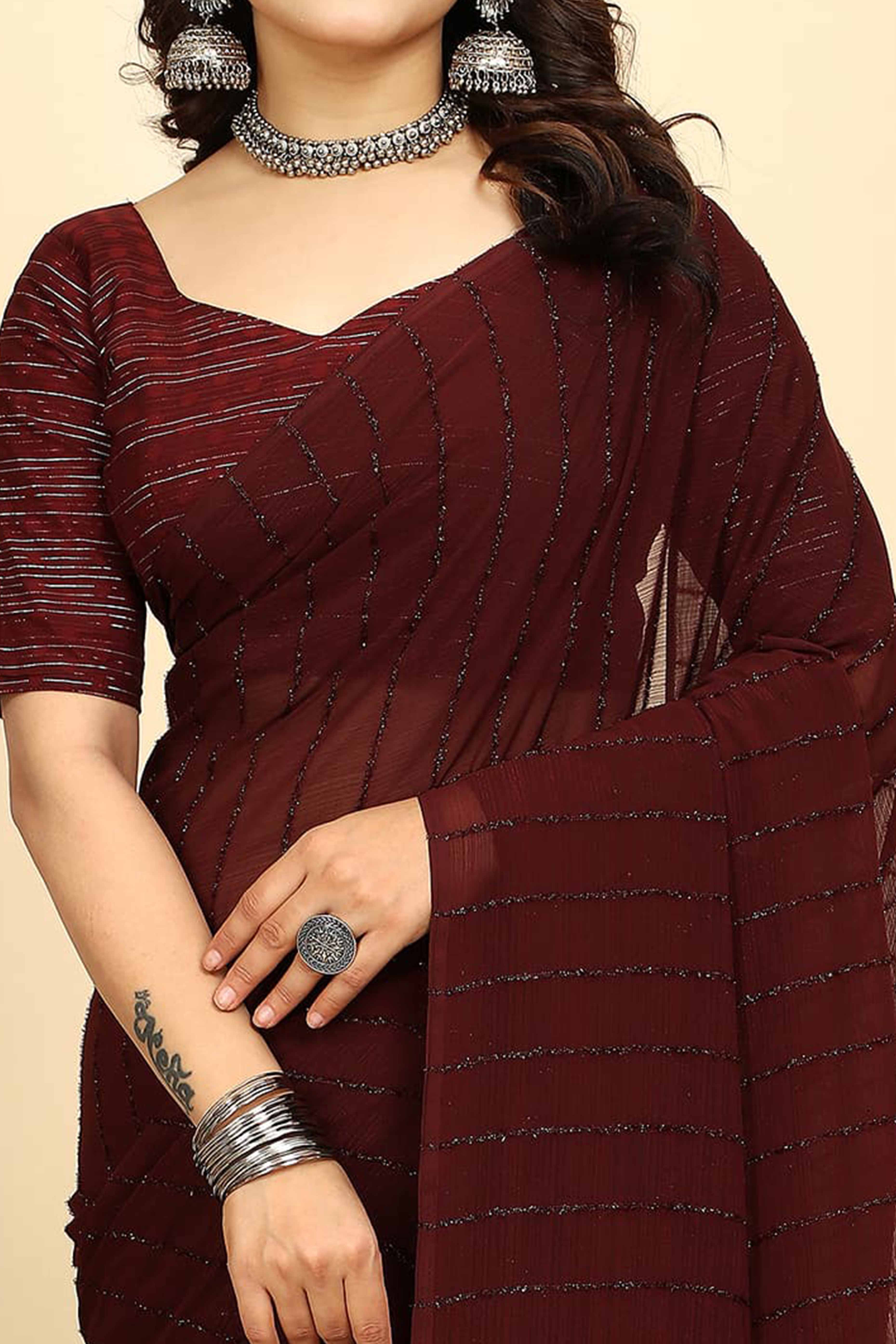 Dark Maroon Striped Zari Woven Chiffon Saree With Tassels