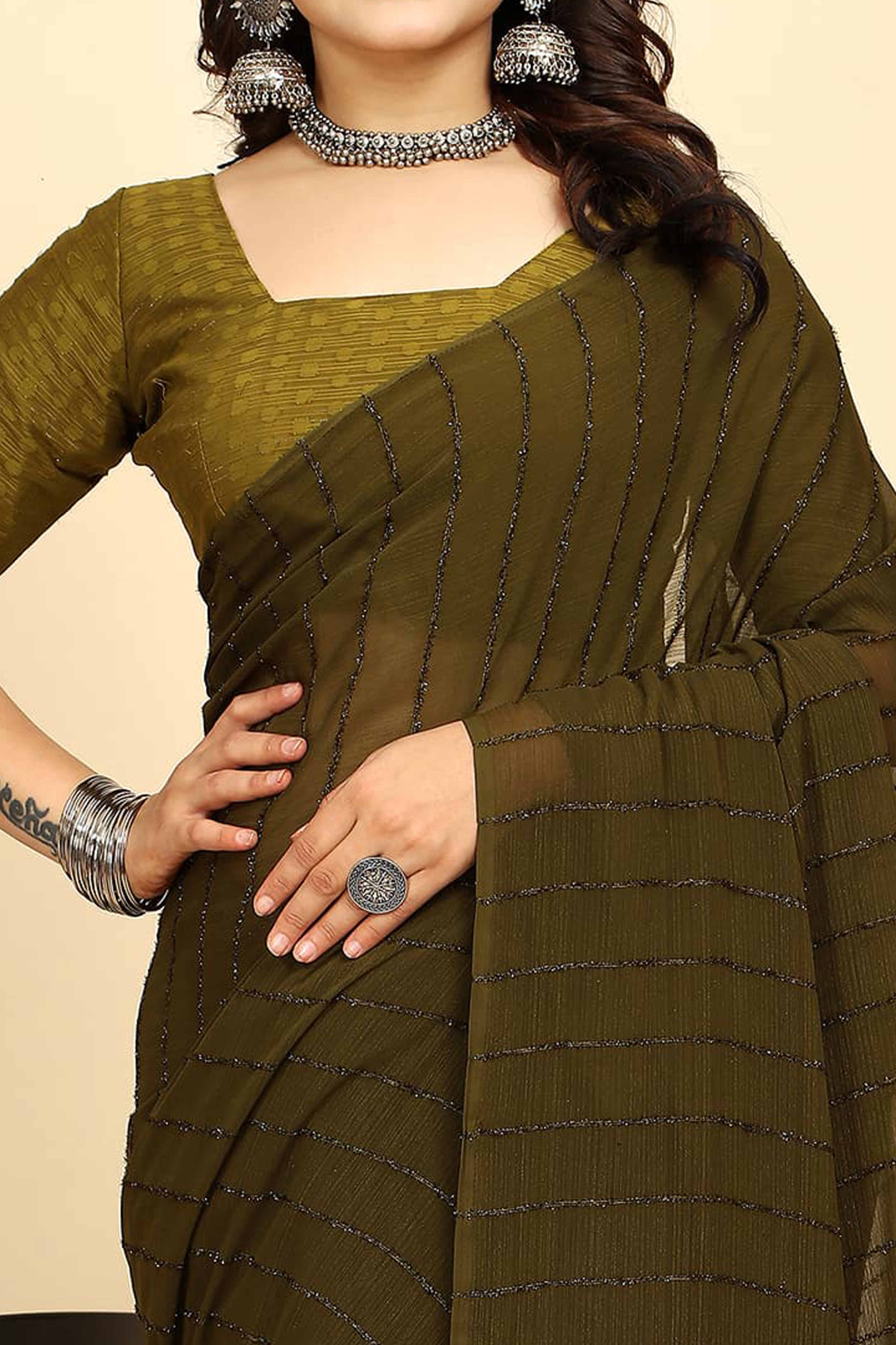 Mehendi Green Striped Zari Woven Chiffon Saree With Tassels