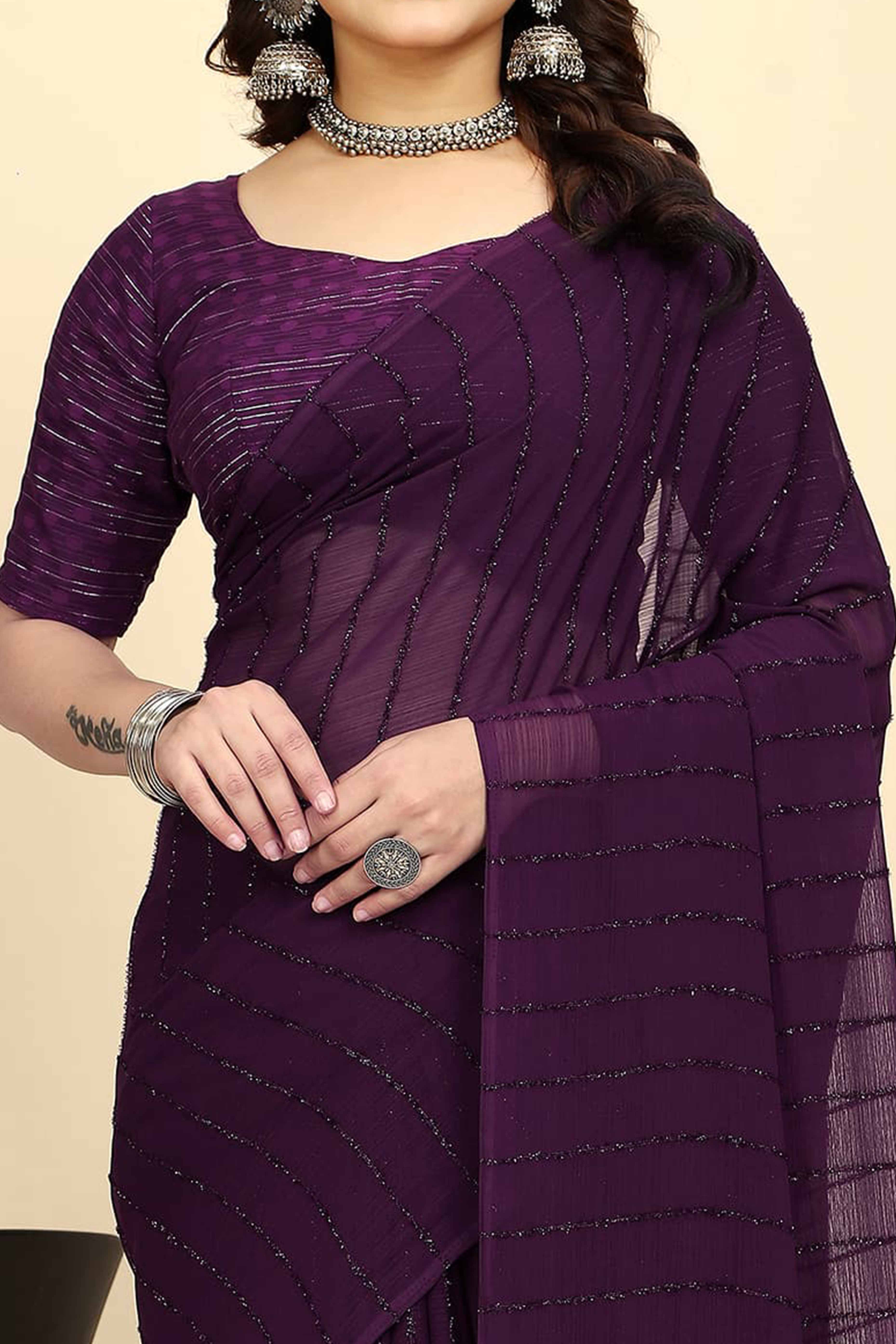 Purple Striped Zari Woven Chiffon Saree With Tassels