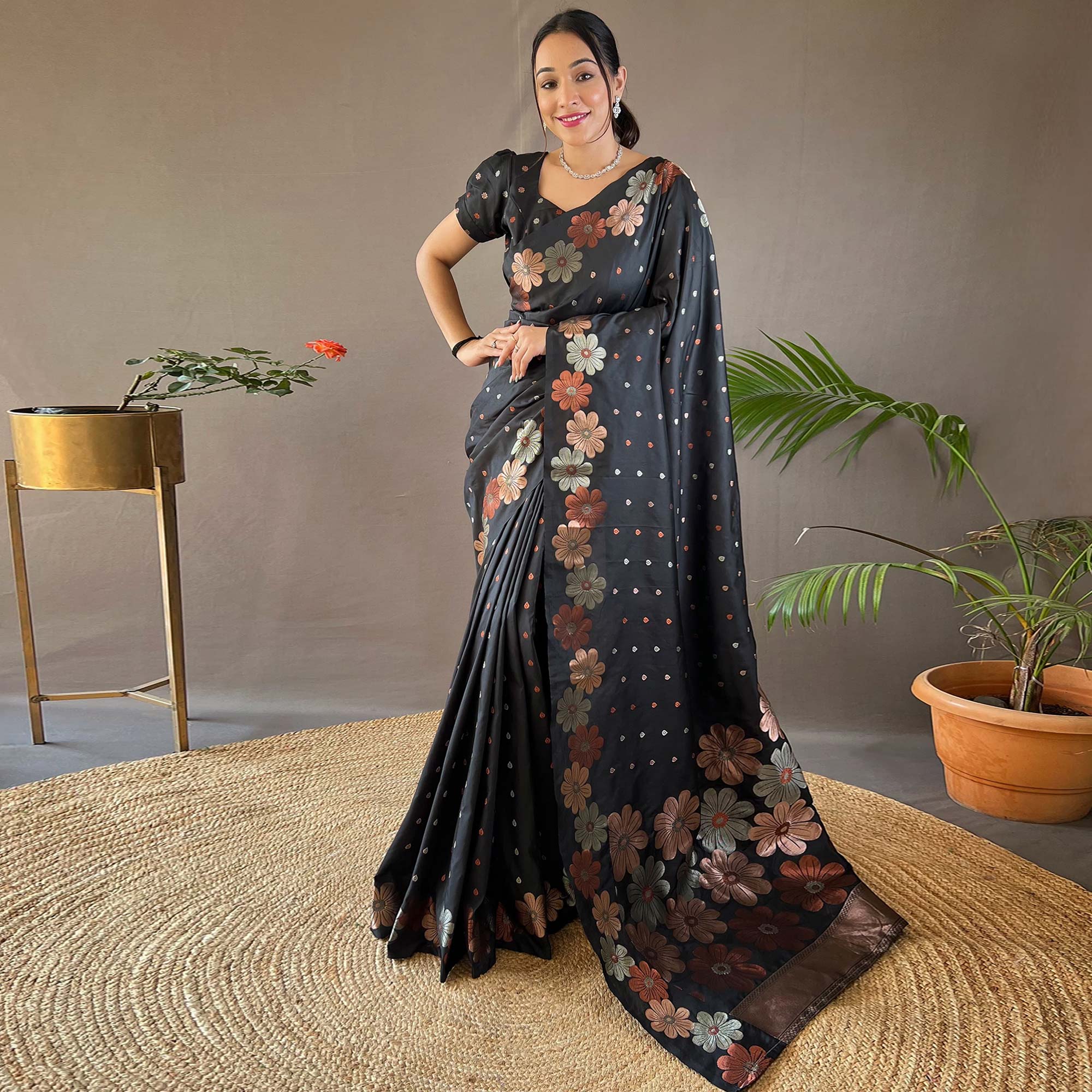 Black Floral Zari Woven Pure Silk Saree