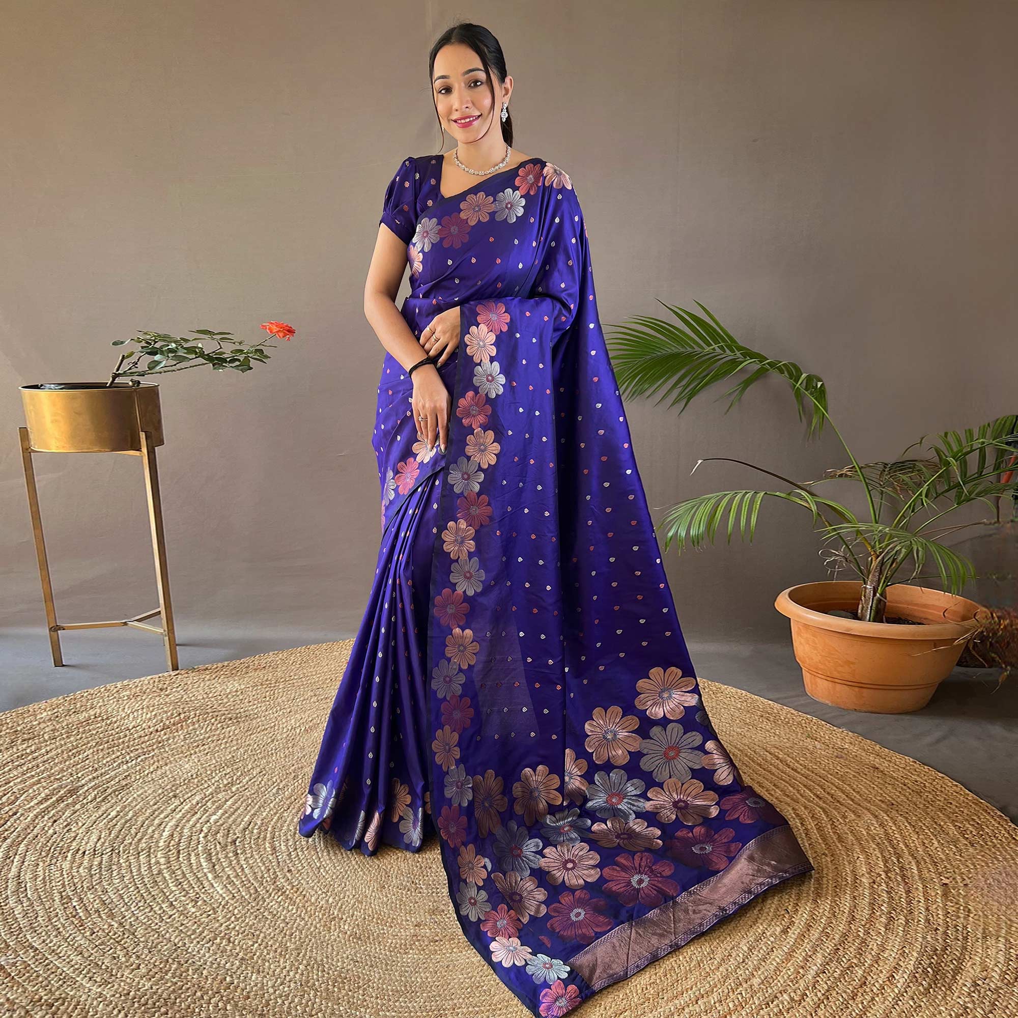 Navy Blue Floral Zari Woven Pure Silk Saree
