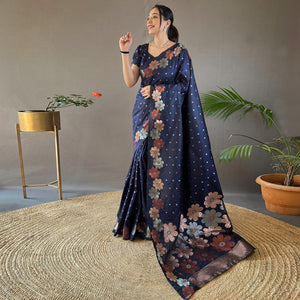 Royal Blue Floral Zari Woven Pure Silk Saree