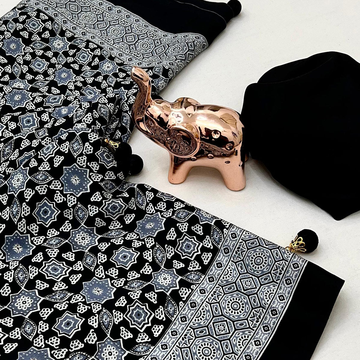 Black Saree in Satin Fabric with Authentic Ajrakh Patterns