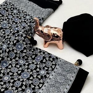 Black Saree in Satin Fabric with Authentic Ajrakh Patterns