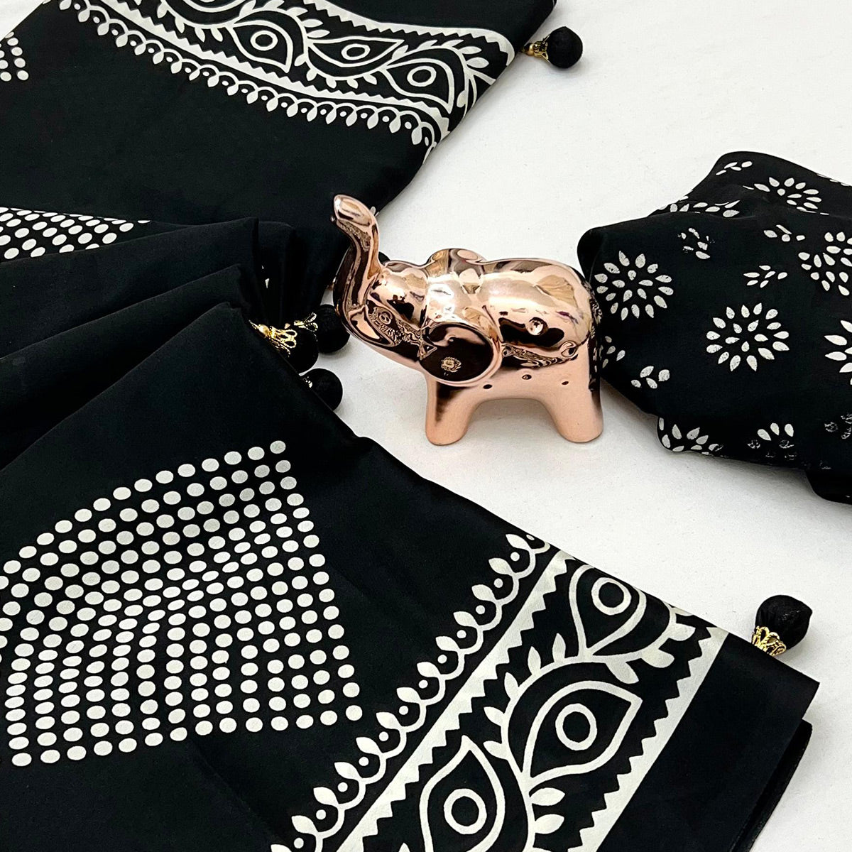 Black Saree in Satin Fabric with Authentic Polka Dot Patterns