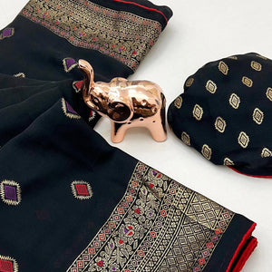 Black Viscose Saree with Foil Geometric Prints