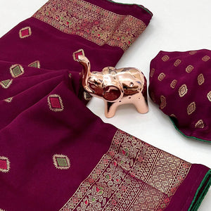 Wine Viscose Saree with Foil Geometric Prints