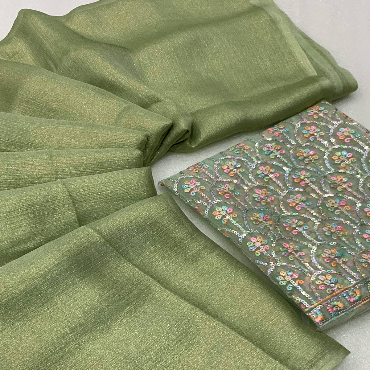 Green Solid Chiffon Saree