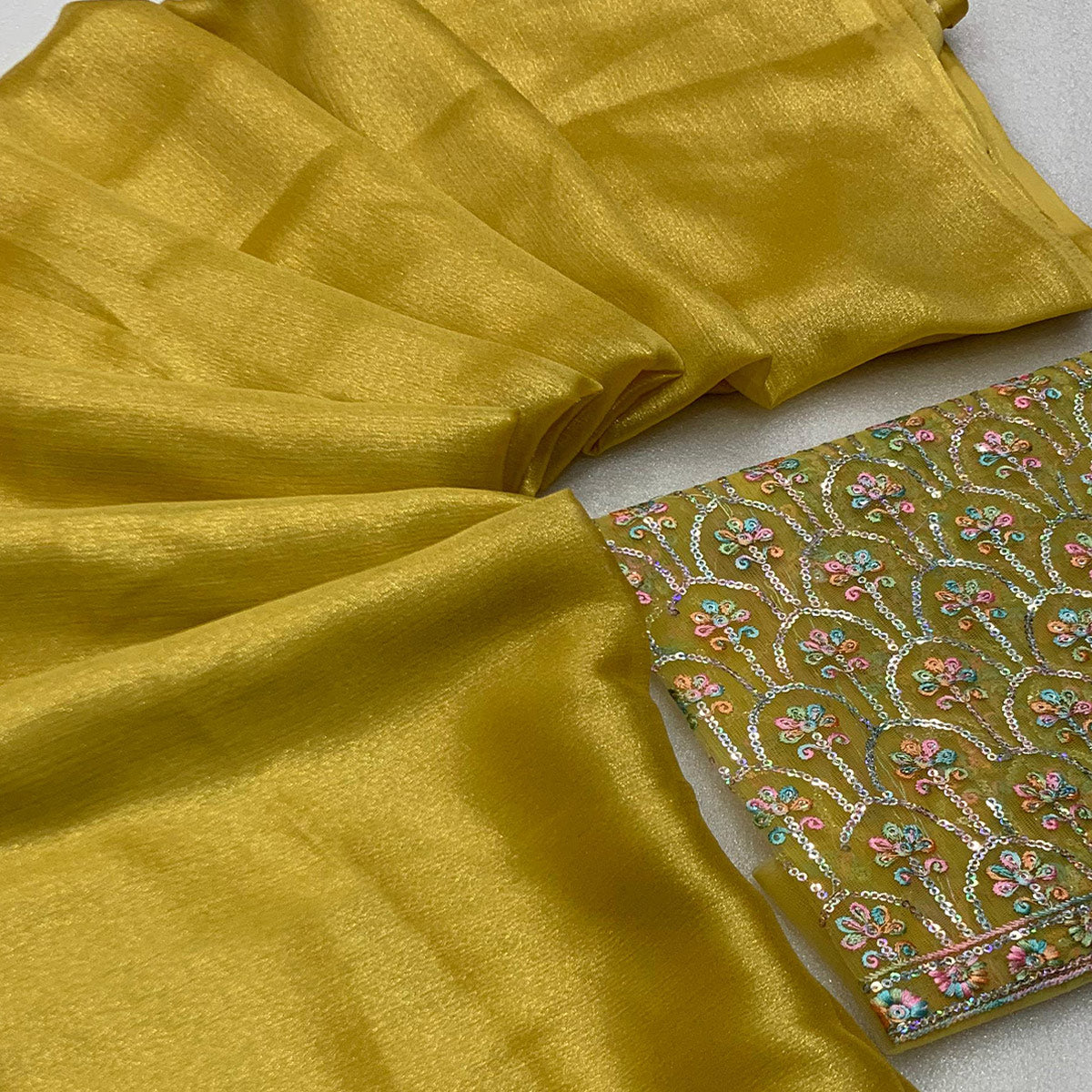 Lemon Yellow Solid Chiffon Saree