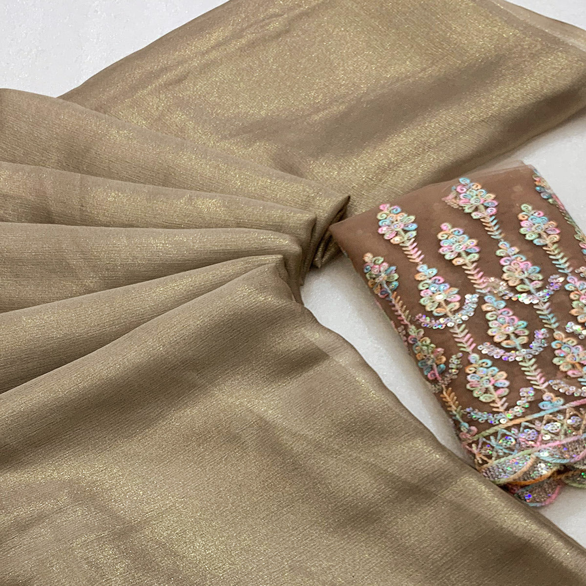 Dusty Brown Gold Coating Solid Chiffon Saree