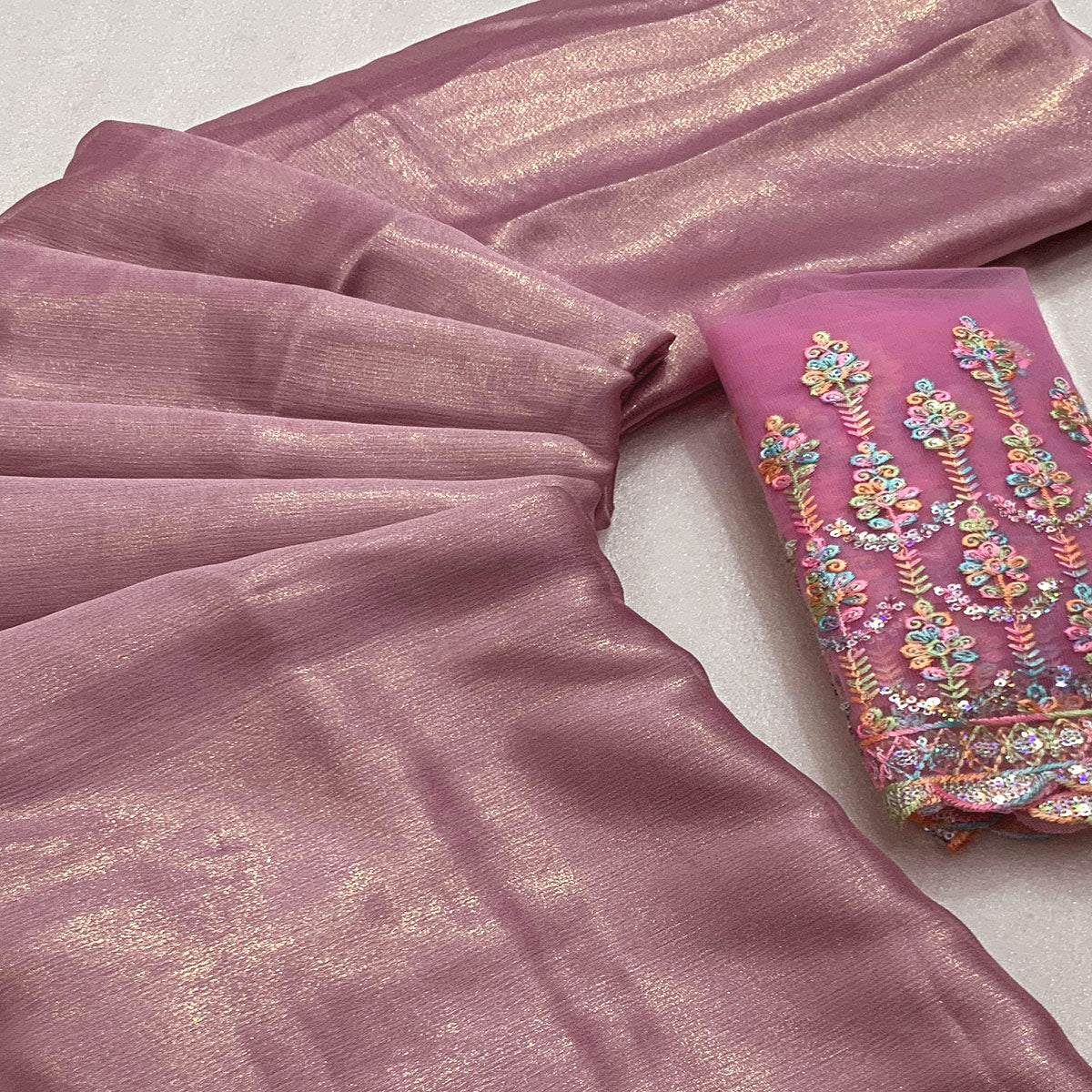 Dusty Pink Gold Coating Solid Chiffon Saree