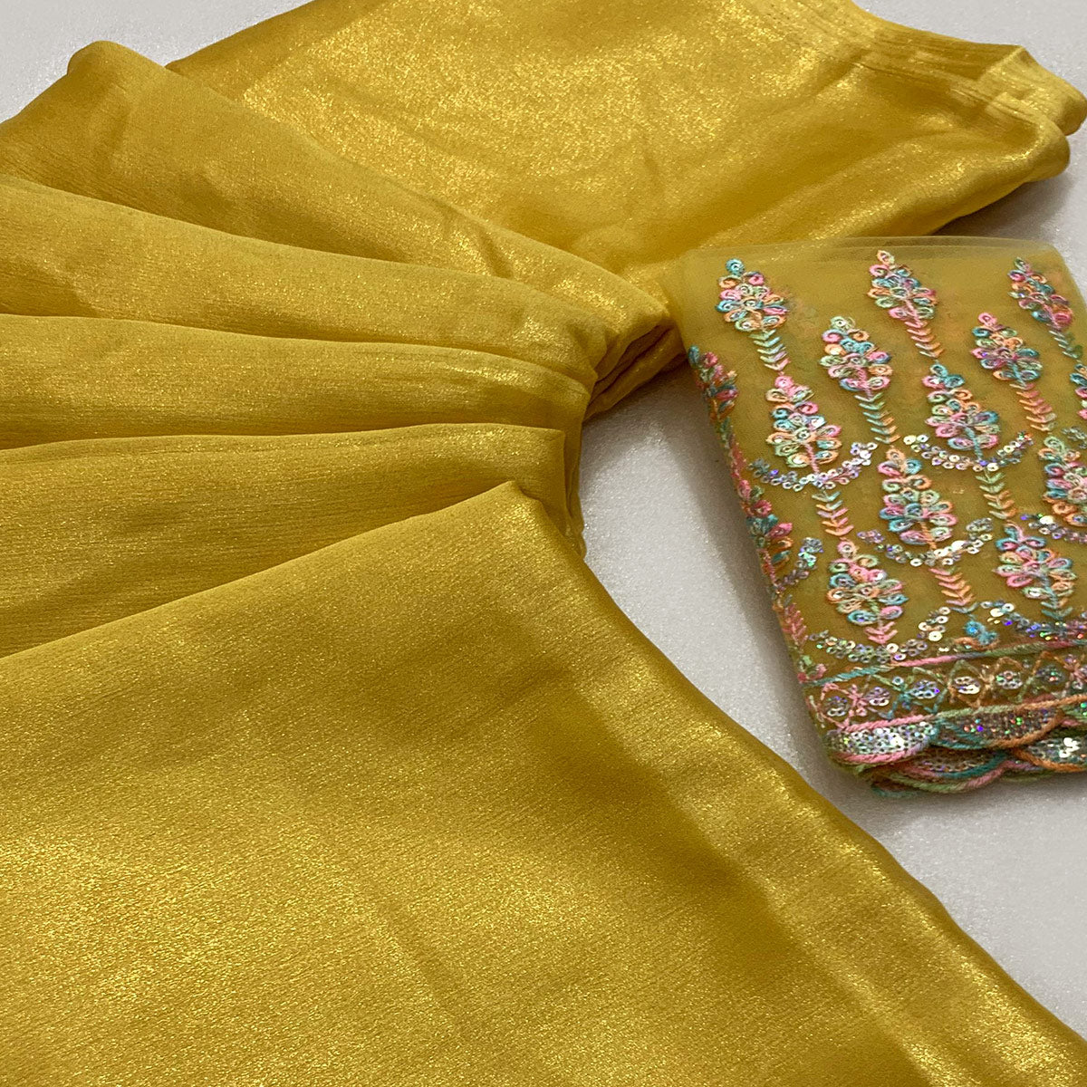 Mustard Gold Coating Solid Chiffon Saree