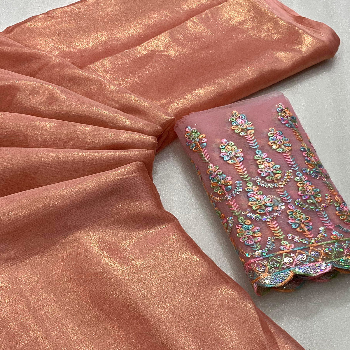 Peach Gold Coating Solid Chiffon Saree