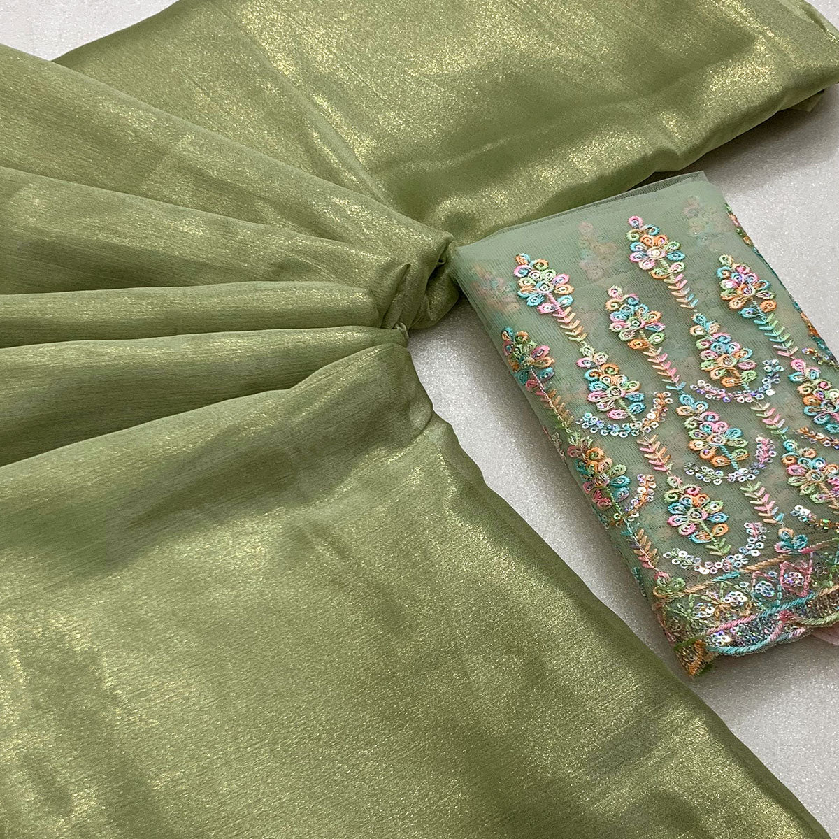 Pastel Green Gold Coating Solid Chiffon Saree