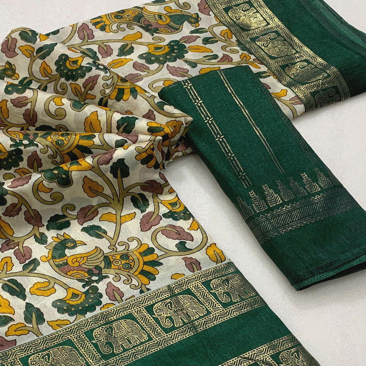 Bottle Green Kalamkari Printed Dola Silk Saree