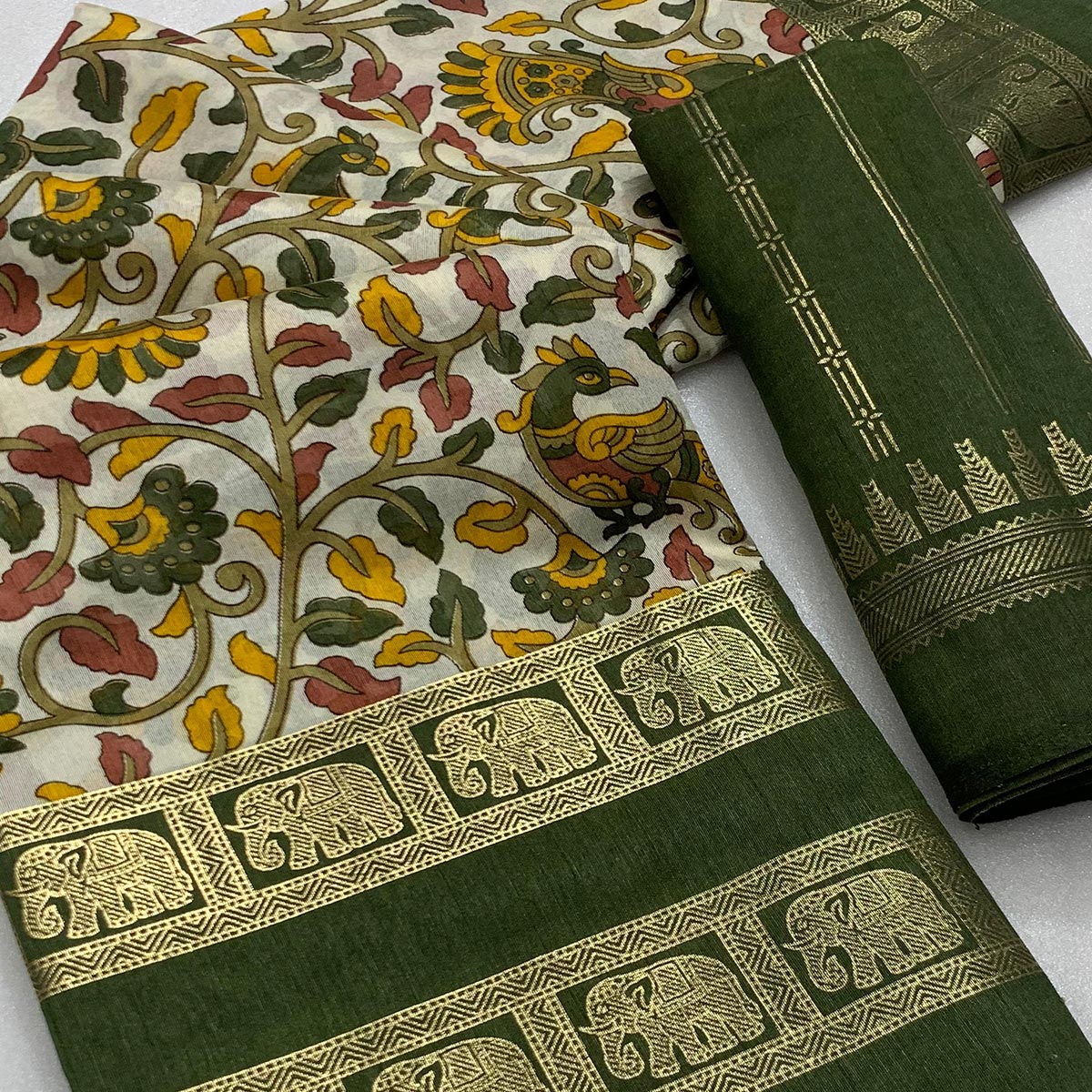 Green Kalamkari Printed Dola Silk Saree