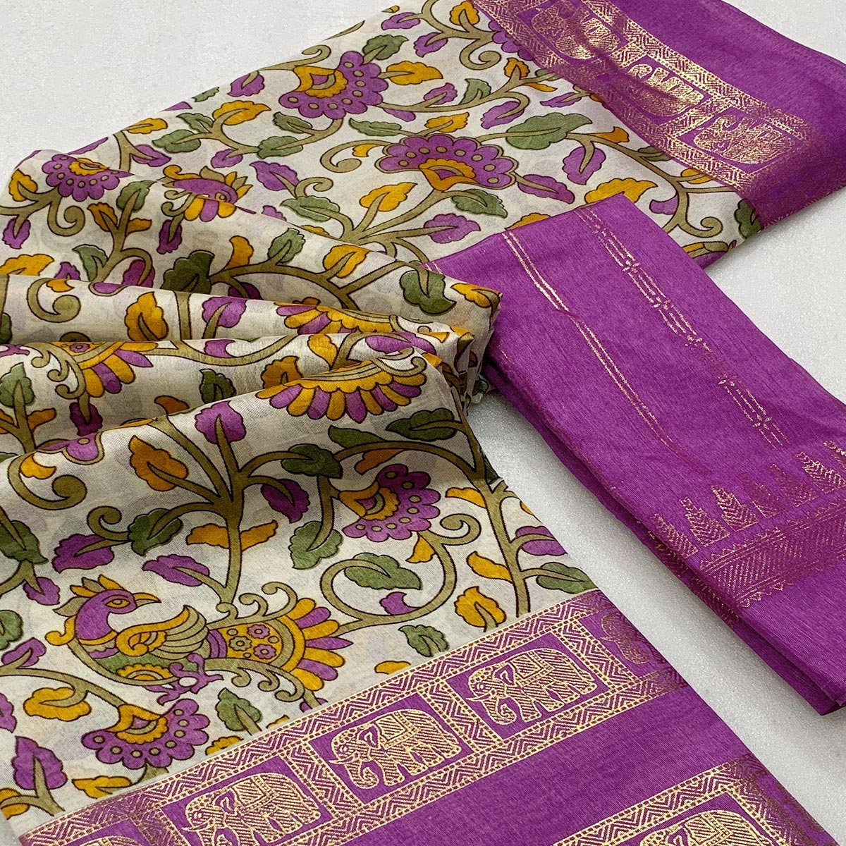 Lilac Purple Kalamkari Printed Dola Silk Saree