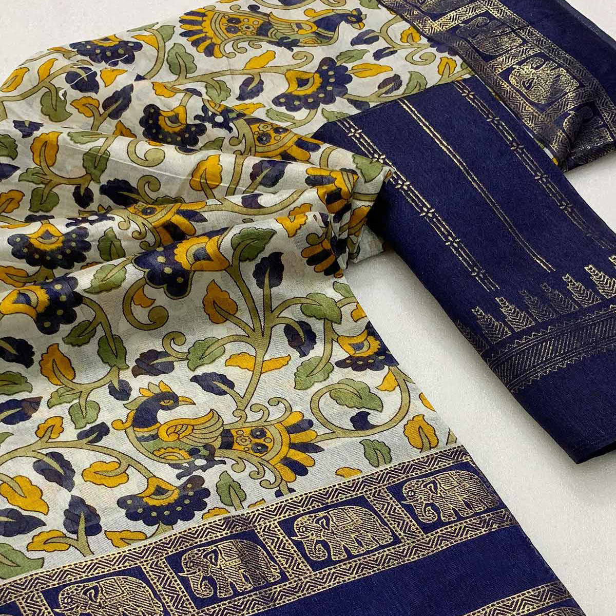 Navy Blue Kalamkari Printed Dola Silk Saree