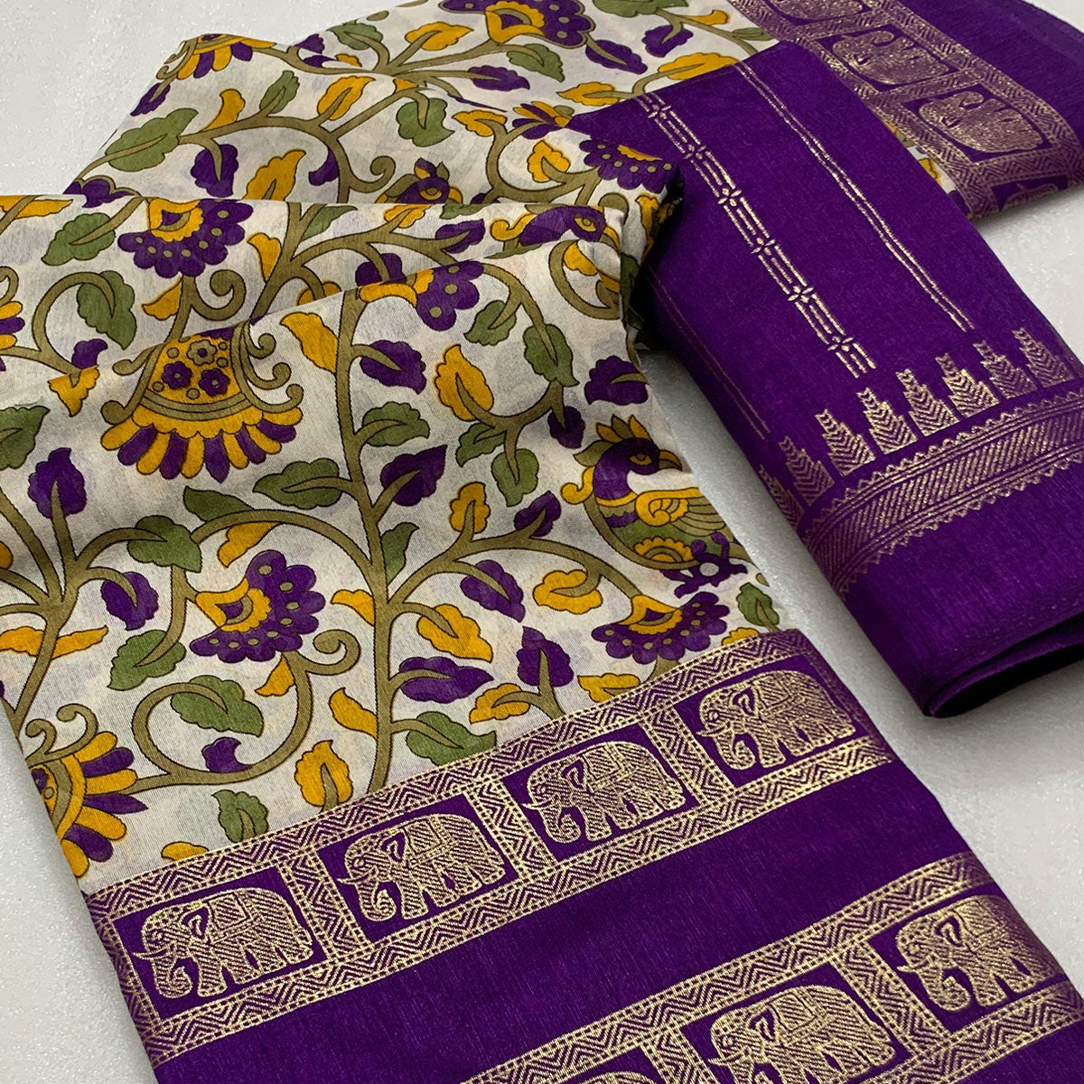 Purple Kalamkari Printed Dola Silk Saree