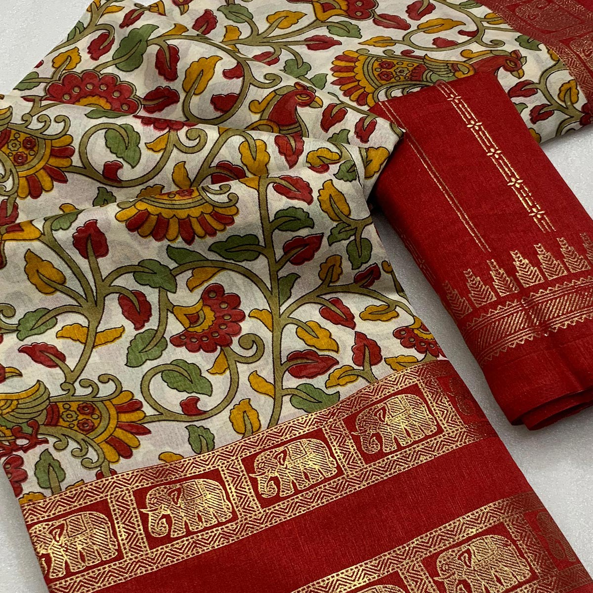 Red Kalamkari Printed Dola Silk Saree